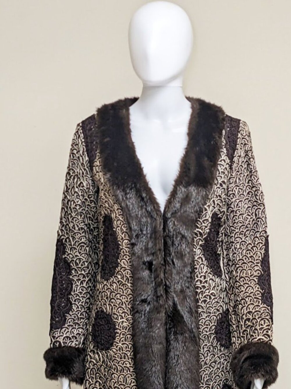 SUE WONG NOCTURNE Vintage Faux Fur Crochet & Lace Coat/Duster 1920s Style - Picture 3 of 8